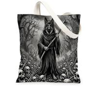Gothic Halloween German Shepherd Dog Canvas Tote Bag for Shopping 13x15, Goth Scary Horror Skull Reusable Grocery Print Bag for Women, Spooky Beach Aesthetic Painting Gift Decor
