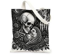 Gothic Halloween Hedgehog Canvas Tote Bag for Shopping 13x15, Vintage Goth Spooky Skeleton Reusable Grocery Print Pattern Bag for Women, Skull Aesthetic Painting Gift Decor