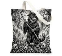 Gothic Halloween Maine Coons Cat Canvas Tote Bag for Shopping 13x15, Goth Scary Horror Skull Reusable Grocery Print Bag for Women, Spooky Beach Aesthetic Painting Gift Decor