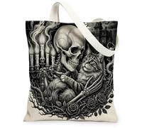 Gothic Halloween Maine Coons Cat Canvas Tote Bag for Shopping 13x15, Goth Spooky Skeleton Reusable Grocery Print Pattern Bag for Women, Scary Aesthetic Painting Gift Decor