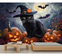 Gothic Halloween Mural Black Cat Mural Wallpaper Pumpkin Lantern Bats Wallpaper Night Sky Full Moon and Dark Forest Bedrooms Living Room Room Decor Sofa TV Background Large Wall Painting Poster
