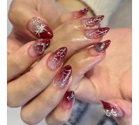 Gothic Halloween Press-On Almond Nails, Red Ombré Web Design, 24-Piece | Glossy Pink Bases, Silver Webs, Raised Spider And Heart Details, Clear Faceted Accents, 12 Sizes, For Parties And Evenings