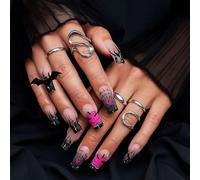 Gothic Halloween Press-On Nails With Black Flame & Spider Web Design - Acrylic French Tip Square To Almond Shape Black Pink Nail Art Set With Pumpkin & Bat Motifs For Women Seasonal Party