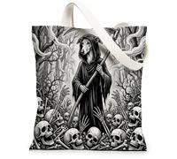 Gothic Halloween Whippet Dog Canvas Tote Bag for Shopping 13x15, Goth Scary Horror Skull Reusable Grocery Print Bag for Women, Spooky Beach Aesthetic Painting Gift Decor