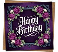 Gothic Happy Birthday Card - Purple Rose & Skull Design, Square 145mm x 145mm - Includes Kraft Envelope
