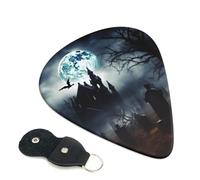Gothic Happy Halloween Guitar Picks 6 Pack with Leather Guitar Pick Holder Keychain, Plectrum Key Fob Cases Bag, Abstract Art Plectrum for Acoustic Electric Guitar, Ukulele 0.71mm