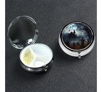 Gothic Happy Halloween Pill Box 3 Compartment Pill Case for Purse or Pocket Small Medicine Organizer with Mirror Travel Pillbox Decorative Metal Vitamin Container Unique Gift