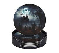 Gothic Happy Halloween Set of 6 Drink Coasters with Holder Leather Coasters Tabletop Protection Cup Mat for Bar Decorate Cup pad for Coffee Table Kitchen Dining Room