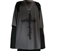 Gothic Harajuku Oversized T-Shirt Y2K Grunge Long Sleeve Pullover Tops Acubi Emo Fake Two Piece Outfits Alt Clothes (Dark Gray,XL)