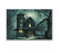 Gothic Haunted House Art Print Surrounded By Eerie Twilight Atmosphere Spooky Haunted House Fantastic Halloween Decor Witchy Wall Decor 20x30cm-Frameless