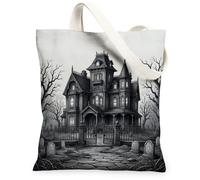 Gothic Haunted Mansion Illustration Halloween Canvas Tote Bag 13x15 Inch | Victorian Architecture, Spooky Cemetery, Twisted Trees, Monochromatic Art, Gothic Decor, Moody Atmosphere