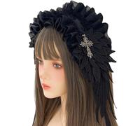 Gothic Headpiece with Delicate Lace Embroidery and Edged Cross Pendant Gothic Lace Headband for Costume Wear Black Ribbon Headband with Cross