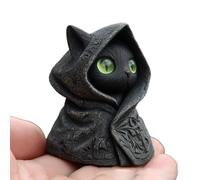 Gothic Hooded Black Cat Figurine with Emerald Eyes, Resin Statue Featuring Detailed Engravings for Home and Office Spaces