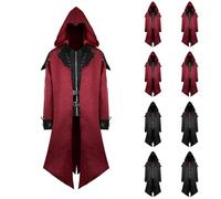 Gothic Hooded Coat for Men Vintage Medieval Jacket Mens Steampunk Halloween Costume Steam Punk Coat Zipper Jacket Retro Medium Length Overcoat Victorian Pirate Cosplay Uniform