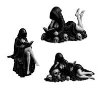 Gothic Hooded Reader Figurine,Dark Academia Bookshelf Decor,Mysterious Cloaked Reading Figure with Skull Base,Gothic Dark Fantasy Lady Spooky Reading Sculpture for Home Office Decor (ABC#)