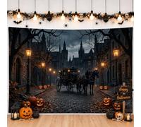 Gothic Horse-Drawn Carriage Scene Halloween Backdrop Banner 83x59 Inch | Gothic Architecture, Photo Backdrop, Cobblestone Street, Jack-o'-lanterns, Autumn Leaves, Spooky Atmosphere