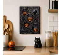 Gothic Jack-o'-lantern and Cat Canvas Kitchen Wall Art 12x16