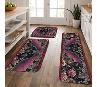 Gothic Kitchen Mats for Floor, Dark Floral Bat Pattern Soft Mats, Cushioned Comfort Washable Non Slip Decor Rugs for Kitchen Sinks Laundryroom Bathroom 3Pcs