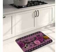 Gothic Kitchen Mats for Floor, Violet Roses Skull Pumpkin Vintage Soft Mats, Cushioned Comfort Washable Non Slip Decor Rugs for Kitchen Sinks Laundryroom Bathroom 16x24 Inch