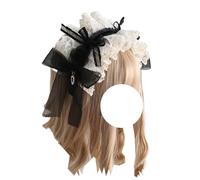 Gothic Lace Bow Headband Ribbon Bow Hairband Lolita Maid Cosplay Hairband Party Hair Accessories for Women (Beige Black-Hairband, One Size)
