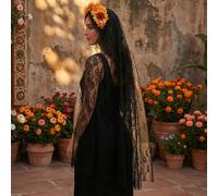 Gothic Lace Headband, Black Veil Hair Hoop for Halloween Party | Hollow See-Through Lace Headband with Simulated Flowers And Black Lace Veil Halloween Day of The Dead Party Accessories A