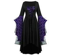 Gothic Lace Print Lace-up Dresses - Women's Long Sleeve Skull Bat Halloween Fancy Dress S-5XL