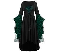 Gothic Lace Print Lace-up Dresses - Women's Long Sleeve Skull Bat Halloween Fancy Dress S-5XL
