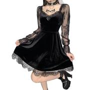 Gothic Lace Velvet Short Dress V Neck Half Moon Sexy Halloween Party Dress Cocktail Casual Mini Dress Lolita Dress Long Sleeve Lace-up Vintage Punk Puff Sleeve A Line Swing Goth Dress Sale Clearance