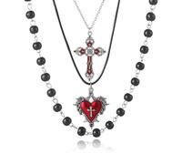 Gothic Layered Necklace for Women,Vintage Cross Pendant Necklaces Punk Style Heart Necklaces Red Black Crystal Gemstone Necklaces Goth Y2k Vampire Halloween Victoria Mystic Witch Jewelry Accessories