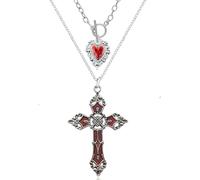 Gothic Layered Necklace for Women,Vintage Cross Pendant Necklaces Punk Style Heart Necklaces Red Black Crystal Gemstone Necklaces Goth Y2k Vampire Halloween Victoria Mystic Witch Jewelry Accessories