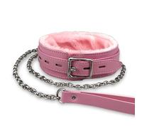 Gothic Leather Choker Collar, PU Leather Fur Lined Pet Collars Necklace with Long and Durable Detachable Leash Chain Pet Collars (Pink)