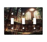 Gothic Library Light Switch Cover Plate/Outlet Covers, Antique Brown Bookshelf Design for Home Decor, Thermoplastic Standard Size Triple Toggle