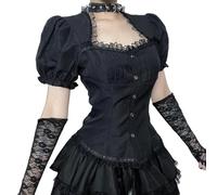 Gothic Lolita Blouse Shirt Emo Lace Shirts Y2k Punk Puff Sleeve Crop Tank Tops Vintage Elegant Fairycore Tee Top, Black, M