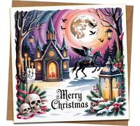 Gothic Merry Christmas Card - Spooky Church, Skulls & Candle Illustration - 145mm x 145mm Square Greeting Card with Kraft Envelope - Dark Holiday Card for Horror Fans, Friends & Family