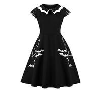 Gothic Midi Dress Women's Black Steampunk Dresses Women's Knee-Length Medieval Cocktail Dress with Bats Print Vintage Swing Party Dress Halloween Carnival Costume Club Party Outfit Evening Dress