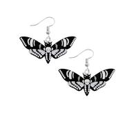 Gothic Moth Drop Earrings, Black and White, Death's Head Design