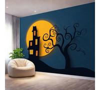 Gothic Mysterious Full Moon Houses Wall Mural Wallpaper, Non Self Adhesive Paste The Wall Mural for Living Room Bedroom, Black High Definition Art Wall Decor - 250 x 175 cm (W x H)