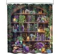 Gothic Mystical Library Skull Shower Curtain, Spooky Skull Vintage Witchy Magic Bookshelf Retro Halloween Bathroom Decor Shower Curtain with Succulent Plant, Roses, Skulls, Potions, Books (Witchcraft)