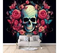 Gothic Photo Wallpaper Colorful Skull Flowers Wall Paper 250 × 175 cm / 98.4" × 68.8" - Non-Woven Mural, Art Print Wall Mural Decoration Poster Picture Design Modern 3D Effect