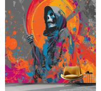 Gothic Photo Wallpaper, Skull Grim Reaper Graffiti Poster Wall Mural Covering, Orange Large Modern Mural Wallpaper for Bedroom Living Room Dormitory Hotel Decoration, 350x256 cm (WxH)