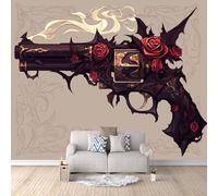 Gothic Photo Wallpaper Vintage Rose Pistol Wallpaper for Living Room Bedroom 300 × 210 cm / 118" × 82.6" - Non-Woven Premium Art Print Fleece Wall Mural Decoration Poster