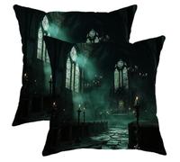Gothic Pillow Covers Set of 2, Dark Green Medieval Church Throw Pillows Case, Eerie Decorative Square Home Sofa Bed Couch for Halloween Decor 18x18 Inch