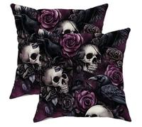 Gothic Pillow Covers Set of 2, Dark Violet Skull and Raven Throw Pillows Case, Halloween Decorative Square Cushion Covers for Home Sofa Bed Couch 18x18 Inch