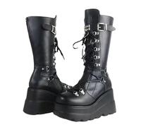 Gothic Platform Combat Boots, Black Leather Knee-High, Multi-Buckle Design with Lace-Up Front, Chunky Platform Sole, European Style