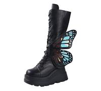 Gothic Platform Combat Boots with Butterfly Wings, Mid-Calf Lace-Up Design, Black Pink Red, Chunky Sole, Breathable Mesh