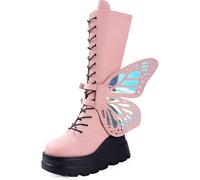 Gothic Platform Combat Boots with Butterfly Wings, Mid-Calf Lace-Up Design, Black Pink Red, Chunky Sole, Breathable Mesh