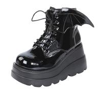 Gothic Platform Wedge Ankle Boots for Women Bat Print Lace Up Wing Decor Round Toe Patent Leather Mid Calf Booties Spooky Season Footwear for Halloween Fancy Dress Alt Punk Streetwear