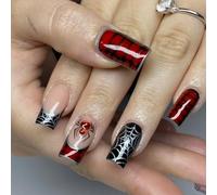 Gothic Press On Nails - 24pcs Halloween Medium Long Square False Nails - Gothic Black Red with 3D Spider Web Crocodile Designs Fake Nail - Glossy Coffin Ombre Stick On nails with Glue For Women Party