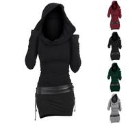 Gothic Pullover Dress for Women, Ladies Punk Vintage Dresses Mini Dress Hooded Dresses Patchwork Skirt Lace Up Skirts Long Sleeve Tunic Tops Slim Casual Clothes Soft Comfort Outfit Halloween Costume