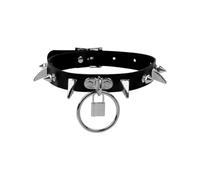 Gothic Punk Choker Collar Studded Leather Necklace with O-Ring and Spikes, Adjustable, Faux Leather, No Gemstone